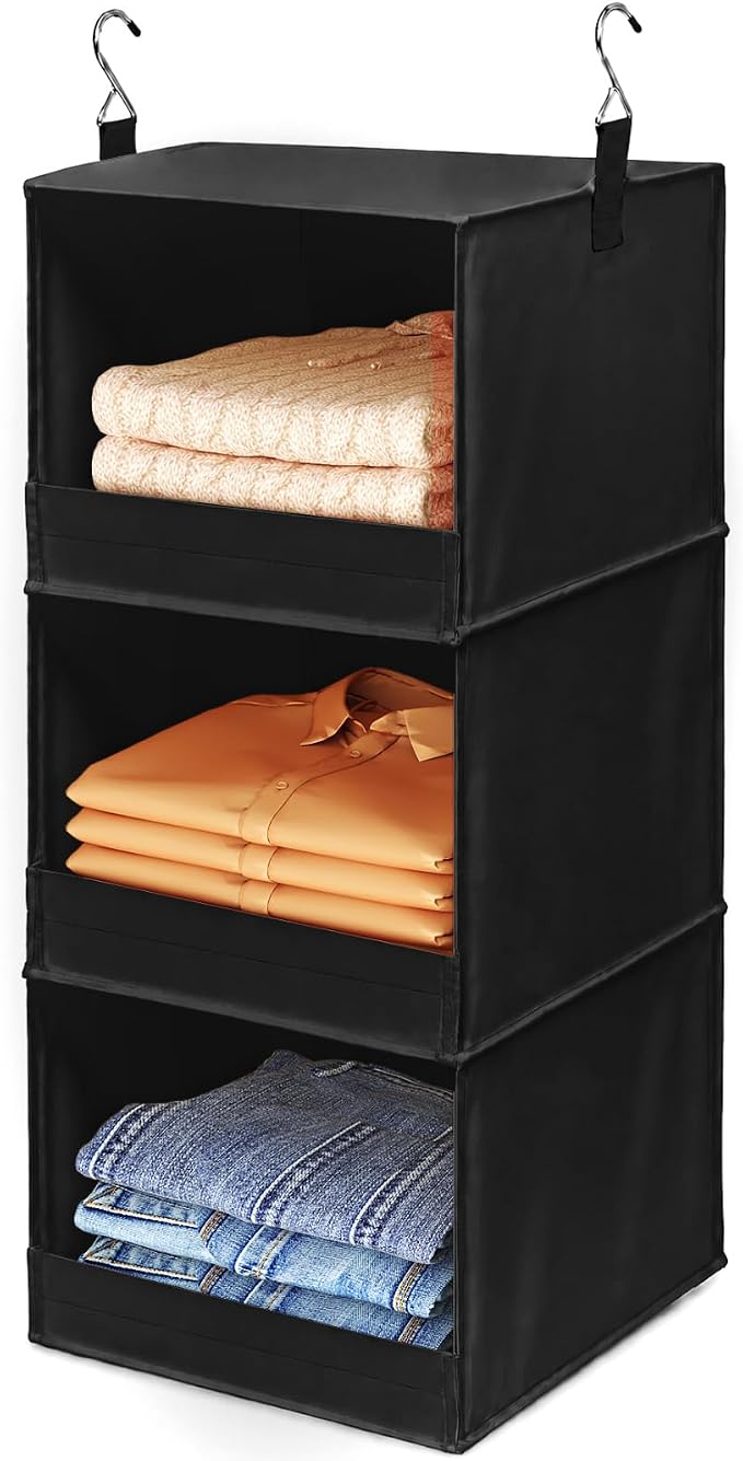 Lifewit 3 Tier Hanging Clothes Storage Organizer for RV, 1 Pack, Black | Front Anti-Slip Closet Storage Hanger with 2 Sturdy Hooks, Vertical Foldable Sweater Organization for Shelf, Wardrobe, Dorm