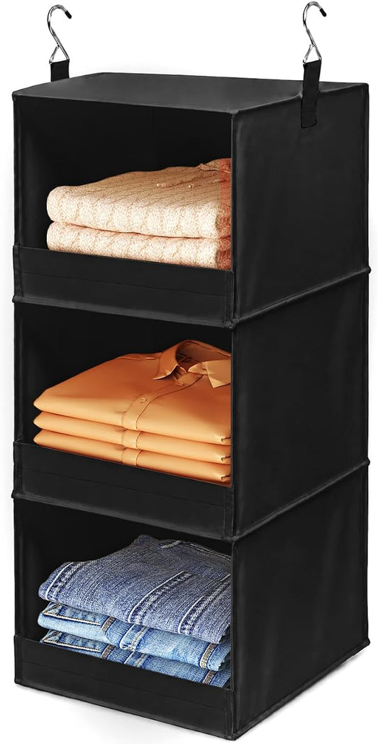 Lifewit 3 Tier Hanging Clothes Storage Organizer for RV, 1 Pack, Black | Front Anti-Slip Closet Storage Hanger with 2 Sturdy Hooks, Vertical Foldable Sweater Organization for Shelf, Wardrobe, Dorm