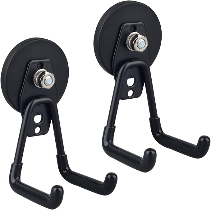 ULIBERMAGNET Large Magnetic Hooks,Strong Heavy Duty Magnet Hooks for Power Drill,Broom,Garden Tools,Pegboard,Garage,Workshop,Hardware, 2 Pack Magnet Storage Holder for Indoor Outdoor Hanging(Black)