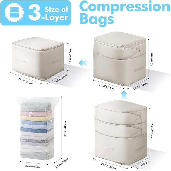 Comforter Storage Bag-Ultra Space Saving Large Self Compression Organizer for Comforters and Blanket,3-Layer Zipper Self-Compressing Organizer for Storage Bedding. (Beige, 3 Pack)