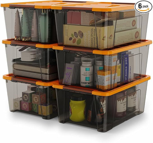 WYT 5-Quart Small Storage Container Bin with Orange Secure Lid and Black Clear Latch Buckles, Durable Plastic Stackable Nestable Organizin, 6-Pack