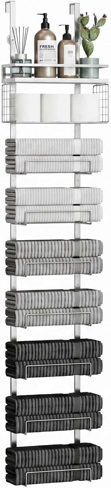 Aetyord Towel Racks for Bathroom Over The Door Towel Racks Towel Storage Organizer with Metal Shelf Basket for Bathroom Rv Camper (9-Tier Silver with White Plank)