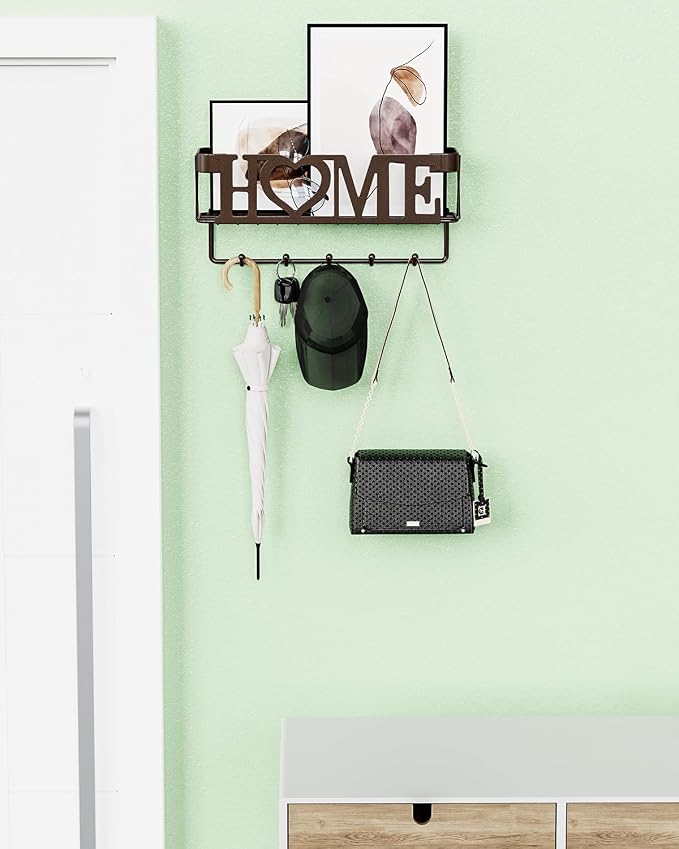 Key Holder Wall Mount - Adhesive Key Holder with 5 Hooks, Key Rack and Mail Organizer, Metal Basket Key Hanger for Entryway, Home, Living Room Decor, 11" L×2.8" W×4.9''H(Bronze)