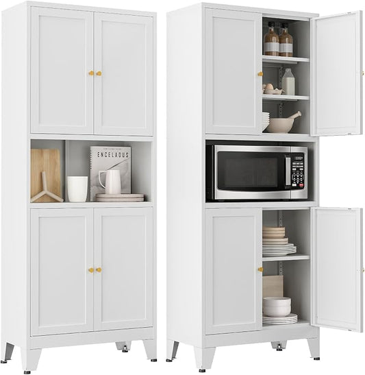 69" H Metal Pantry Cabinet with Open Shelf,13.78“Deep By 28" Wide Storage Cabinet with Doors and Adjustable Shelves,Microwave Stand,for Kitchen Dining Room Bathroom,White 1Pc