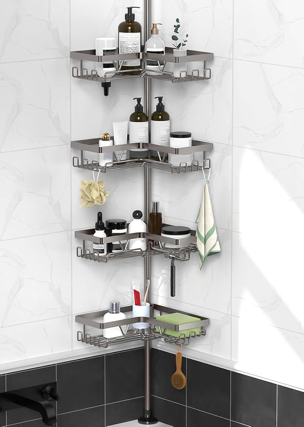 KEGII Corner Shower Caddy Tension Pole, Bathroom Organizer, Gunmetal Gray | 4-Tier Rustproof Storage with Soap Dish, Razor Holder and Hooks, Space-Saving Bathtub Shelf for Apartments and Families