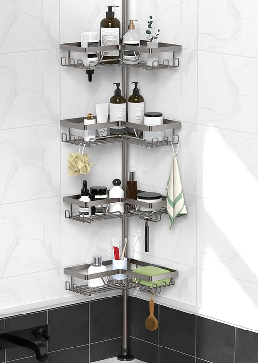 KEGII Corner Shower Caddy Tension Pole, Bathroom Organizer, Gunmetal Gray | 4-Tier Rustproof Storage with Soap Dish, Razor Holder and Hooks, Space-Saving Bathtub Shelf for Apartments and Families