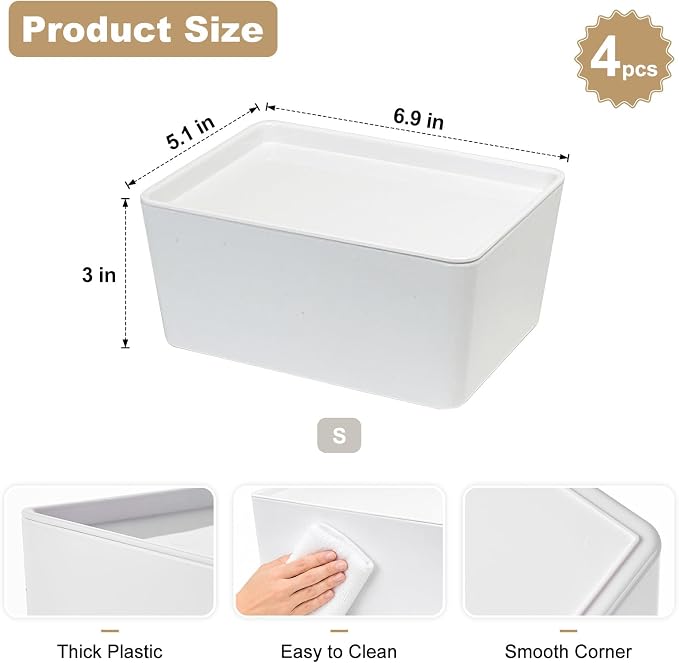 Soddeph 4 Pack Thick Plastic Storage Box with Lid, Durable Stackable Storage Bins, Hard Plastic Organizer Baskets for Home Office,Storage Containers 6.8" x 5.1" x 3.1" (White with Lid)
