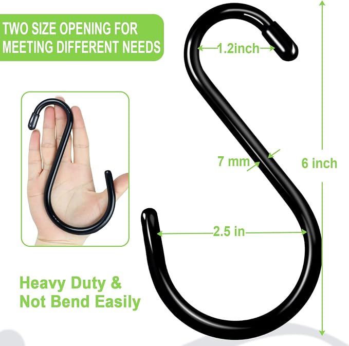 DINGEE 24 Pack Heavy Duty S Hooks, Non Slip Rubber Coated, 7mm Thick Metal Black S Hooks for Hanging Plants, Closet, Bird Feeders, Kitchen, Large Objects, Tools, Bikes