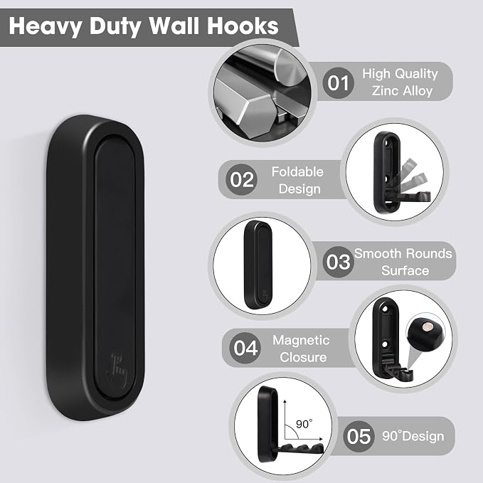 Foldable Wall Hook, Black, 4 Pack, Screw Mounted, Heavy Duty Coat Hooks | 90° Foldable Design, Wall Mounted, Zinc Alloy, Flip-Down Design, Includes Screws And Anchors, For Bedroom, Entryway, Closet