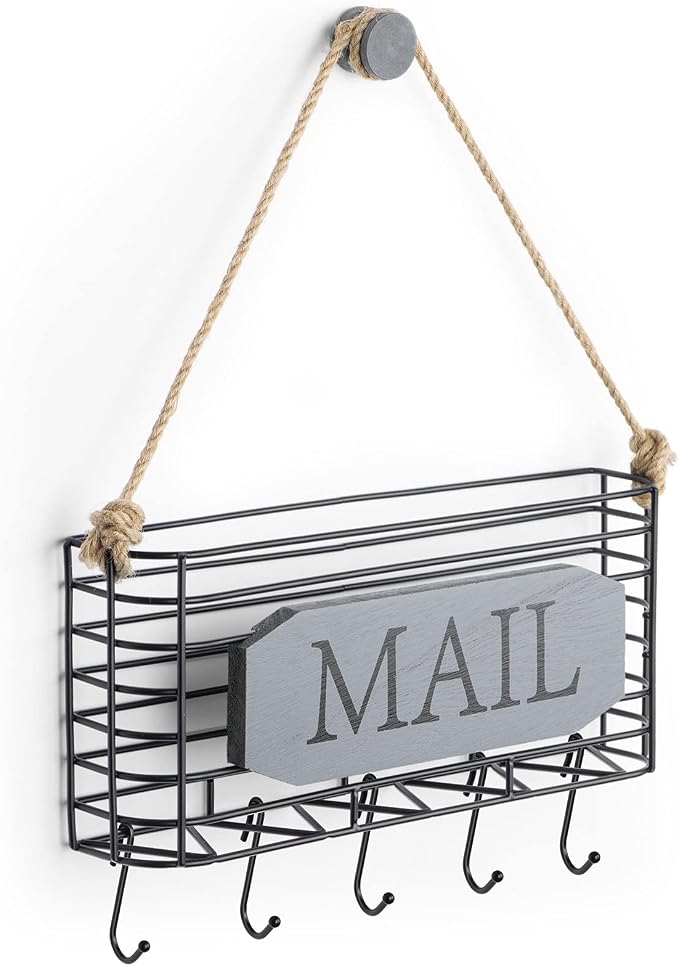 SRIWATANA Mail Organizer Wall Mount, 5 Key Hooks, Small, Weathered Grey | Mail Holder Key Holder for Wall, Hanging Mail Sorter, Letter Basket for Receipts Bills Envelopes, Home & Office Organizer