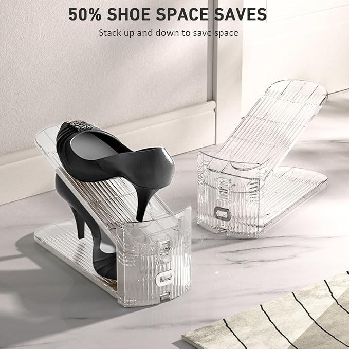NVGSN 12Pack Clear Shoe Slot Organizer,Shoe Stacker,Storage Space Saver 50% | 3 Levels Adjustable Height 3.7''-7.7''shoe Organizer for Closet,Easy to Assemble shoe Rack Holder,Organizador de Zapatos