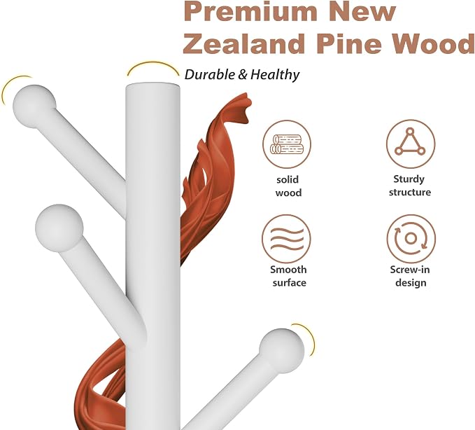 8-Hook Freestanding Coat Rack 3 Heights Safe Round Tips White | Smooth Round Tips Prevent Slipping,Tool-Free Assembly,Holds Clothes Hats Handbags,Ideal for Entryway Bedroom Hallway Office