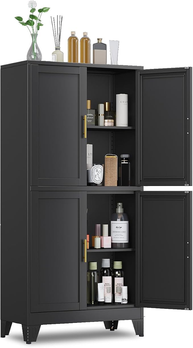 GAIOUS 47.25" Metal Storage Cabinet, Black Kitchen Food Storage with 4 Door and 2 Adjustable Shelves, Freestanding Bathroom Cabinet, Pantry for Kitchen Dinning Room, Cupboard