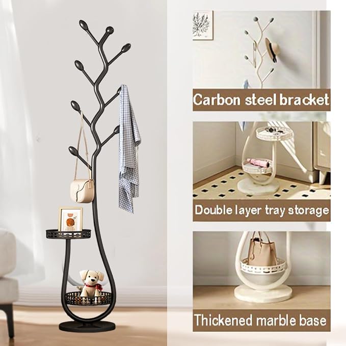 Metal Standing Coat Rack, Small Space Coat Rack Freestanding Hanger Coat Stand with Natural Metal Base & 8 Hooks, Tree-Shaped Coat Rack for Entryway, Hallway, Bedroom, can Hang Clothes, Hats (Black)