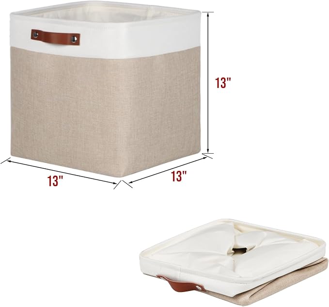 Univivi Fabric Cube Storage Baskets for Shelves 13 Inch,Khaki,4 Pack | Large Capacity,Metal Frame,Hard Cardboard Bottom,Foldable,Linen Closet Baskets with PU Handles