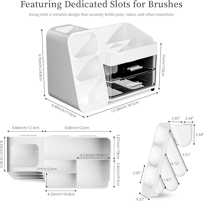 Makeup Organizer with Drawers for Vanity Bathroom Counter Organizers and Storage, Large Skincare Organizer with Brush Toothbrush Holder for Perfume, Nail Polish, Dresser, Office Supplies, White