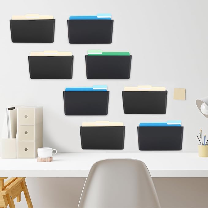 EASEPRES 8 Pack Black Plastic Single Pocket Hanging File Organizer, Wall Mount Paper Mails Magazines Holder, Mounted Folder Bins for Office School and Home, 12.99x4.13x7.48 inches
