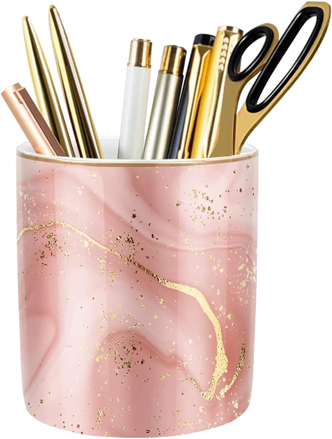 Large Capacity Colored Pen Holder for Desk, Ceramic Pencil Holder Pen Cup Marker Holder Makeup Brush Holders, Desk Accessories & Workspace Organizers for Home, Office, Red Marble