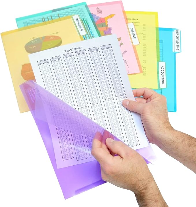 Ultimate Office PocketFile Clear Document Folders, 3rd-Cut, Set of 18 | Clear poly project pockets in 6 assorted colors; letter size; sort, color-code, and protect documents without punching
