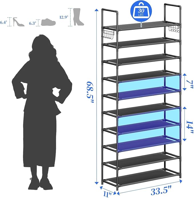 Simple Trending Tall Shoe Rack Storage Holds 40 Pairs, 10 Tier Shoe Organizer Shelf Large Capacity for Entryway Closet, Black