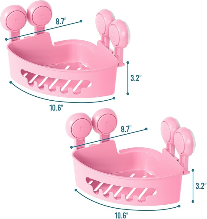 TAILI Suction Corner Shower Caddy, Bathroom Shelf Storage Basket | 2 Pack, Wall Mounted Organizer for Shampoo, Plastic Rack for Kitchen and Bathroom, Drill-Free Removable-PINK