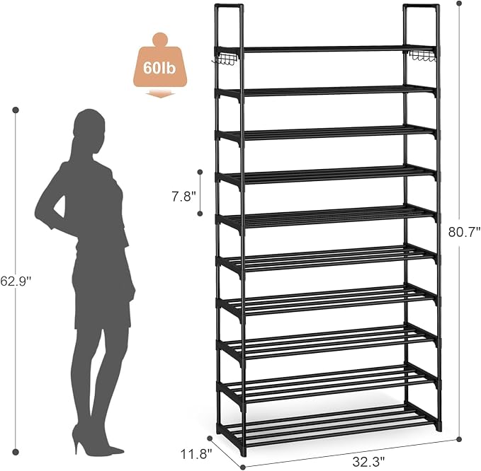 Shoe Rack for Entryway 10-Tiers Large Capacity Metal Shoe Rack Organizer with Two Hooks Holds 40-50 Pairs Shoes and Boots Free Standing Tall Shoe Shelf for Closet/Bedroom/Garage/Hallway Black