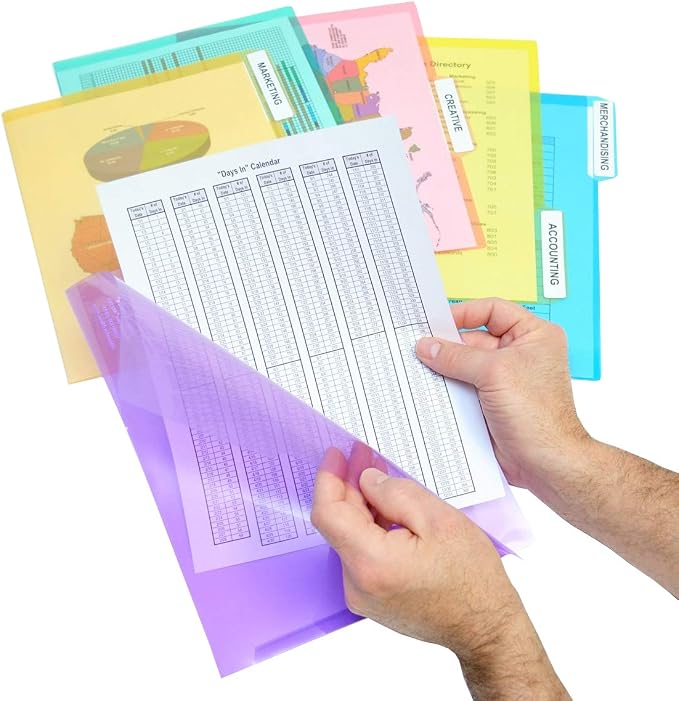 Ultimate Office PocketFile Clear Document Folders, 3rd-Cut, Set of 36 | Clear poly project pockets in 6 assorted colors; letter size; sort, color-code, and protect documents without punching
