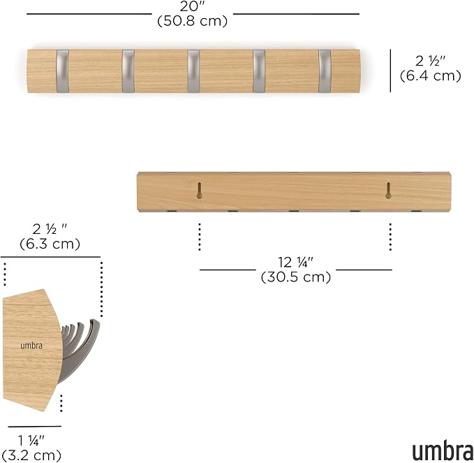 Umbra Flip 5 Wall Mounted Hook | Real wood and steel build, retractable hooks fold flat, holds coats bags and scarves, easy install