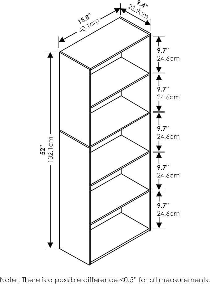 Furinno LUDER Book Shelf, 5-Tier Bookshelf, Bookcase with Open Shelves, 9.4 x 15.8 x 52, Easy Assembly, for Living Room, Bedroom, Home Office, Blackwood