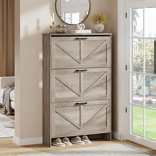 Nicetree Farmhouse Gray Shoe Cabinet – Ultra Slim 3-Drawer Flip Organizer with Shaker Barn Door Accents, 3 Adjustable Shelves, and Freestanding Compact Design, Shoe Rack Stores Multiple Pairs