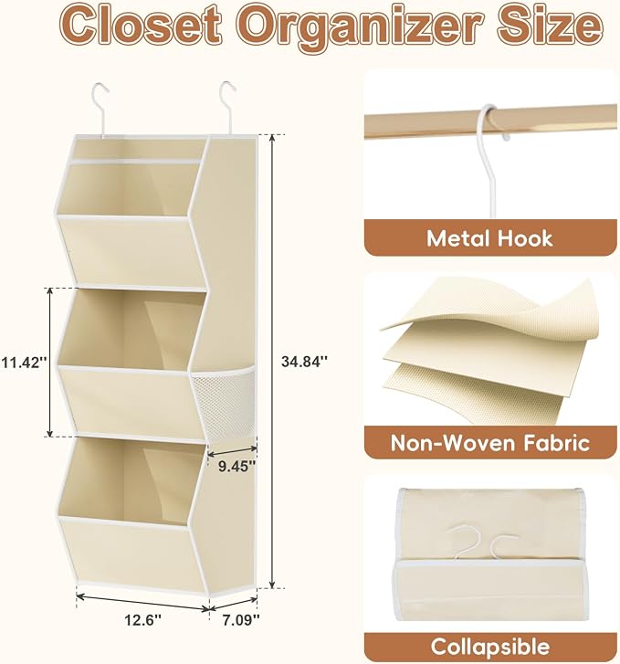 Hanging Closet Organizer 3 Shelf Collapsible Fabric Closet Organizers and Storage Hanging with Mesh Pocket for Clothes, Hanging Wardrobe Organizers and Storage for Sweater T-Shirt Shoes Toys, Beige