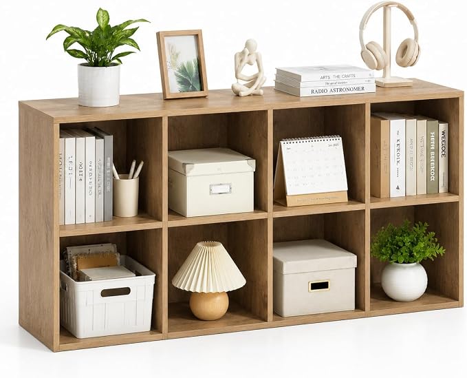 POWERSTONE 8 Cube Storage Organizer, Open Cube Bookshelf with Back Panels, Modern Display Cubby Bookcase for Bedroom Living Room Home Office, Natural