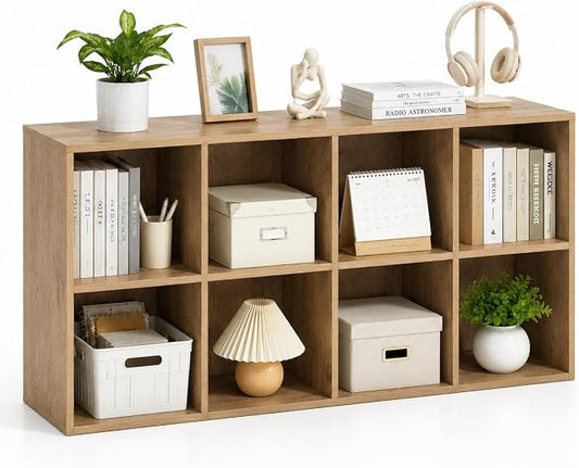 POWERSTONE 8 Cube Storage Organizer, Open Cube Bookshelf with Back Panels, Modern Display Cubby Bookcase for Bedroom Living Room Home Office, Natural