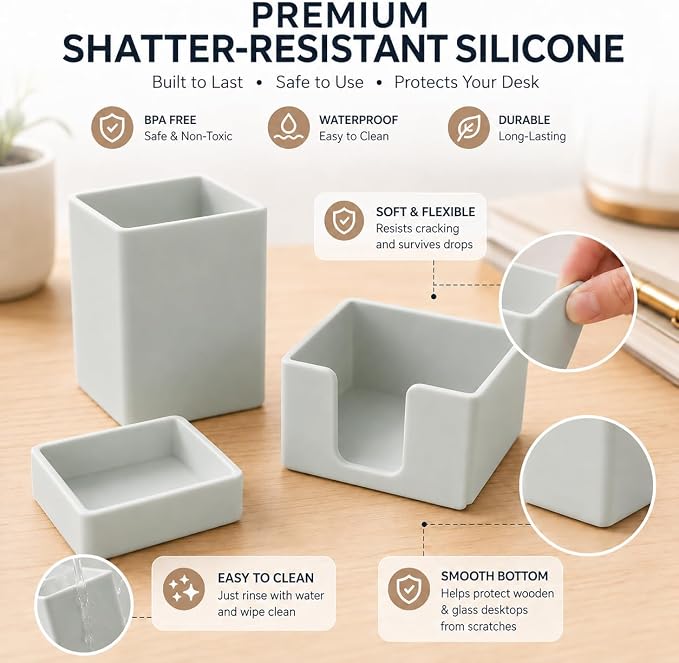 minimaliving Aesthetic Silicone Desk Organizer Set of 3,Modern Office Desk Accessories with Pen Holder,Paperclip Tray,Sticky Note Holder,Stylish Functional Office Desk Decor for Back-to-school(Grey)