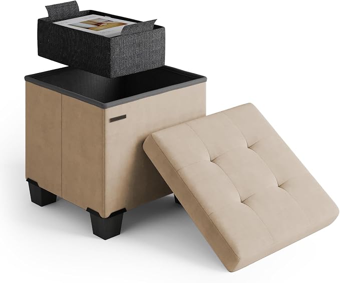 Storage Ottoman Cube with Small Bin, 15-in Square Ottoman with Storage for Living Room and Bedroom, Small Ottomans Foot Rest, Velvet Foot Stools Ottomans Max 330lbs, Taupe