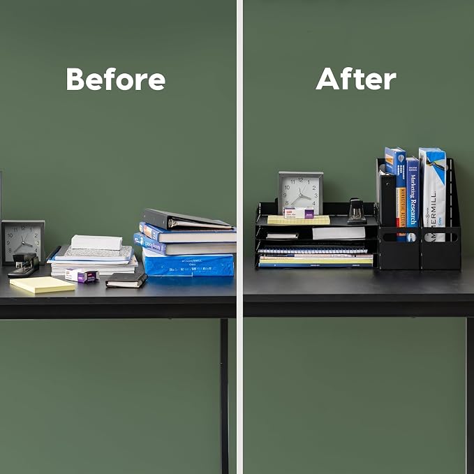 IRIS USA 4-Pack Stackable Metal Letter Tray Organizer, Black | Sort paperwork, documents, and office essentials with stackable trays designed for desks and workspaces