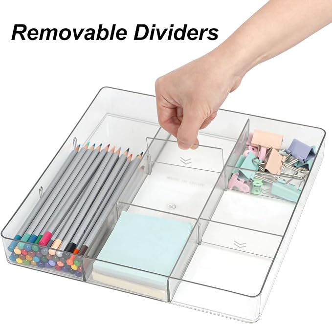 ZEXALOR Adjustable Clear Drawer Organizer, Plastic Drawer Divider Tray with Removable 9 Sections for Desk,Bathroom,Office,Makeup,Junk