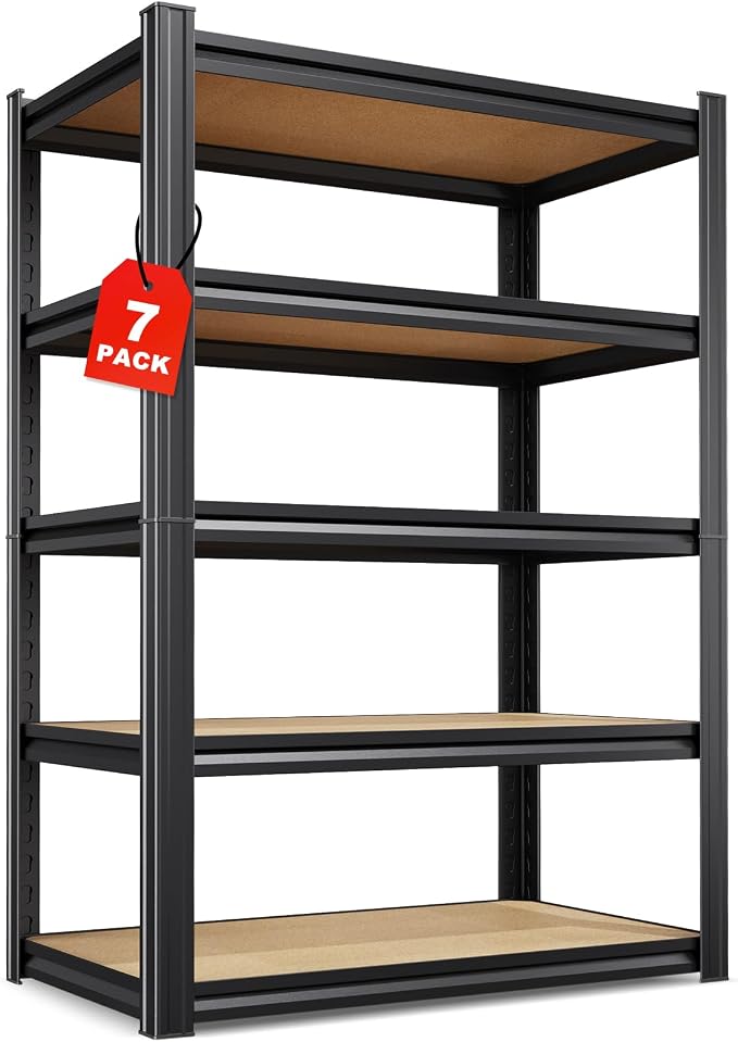 Set of 7-71"H Garage Shelving,5 Tier Garage Storage Shelves,Adjustable Heavy Duty Metal Shelving Unit and Storage Large Rack,Utility Steel Shelf For Warehouse Industrial Pantry Basement 32"Wx14"D