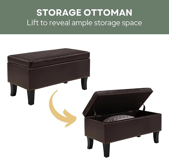 Convenience Concepts Designs4Comfort Winslow Storage Ottoman Bench 32" - Transitional Upholstered Footstool & Seat, for Living Room, Entryway, Hallway, & Bedroom, Espresso Vegan Leather