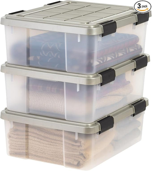 IRIS USA 3-Pack 27 Qt Storage Bins with Gasket Lids, Clear/Chrome | WeatherPro seal protects everyday essentials in closets, offices and laundry rooms
