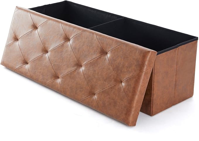 DUMOS 43 Inch Folding Ottoman with Storage Bench, Foot Rest Stool Ottoman | Upholstered End of Bed Storage Bench, Storage Ottoman Loads 660 Lbs for Bedroom, Living Room, Synthetic Leather, Brown