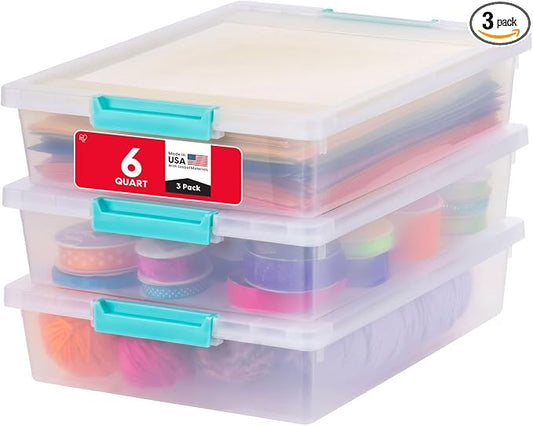 IRIS USA Storage Bins with Lids |Made in USA| 6 Qt - (3-Pack) - Clear | Sensory Craft Organizers, Plastic Clip Box Totes, Flat Containers for Organizing Paper, Office, Art & Study Supplies