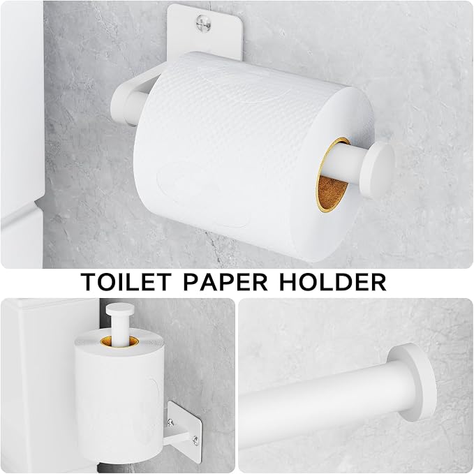 KLJKPA Bathroom Accessories Set, 4-Piece White Bathroom Hardware Set | 24 inch Towel Bar, Towel Racks for Bathroom, Robe Towel Hooks, Toilet Paper Holder Wall Mounted