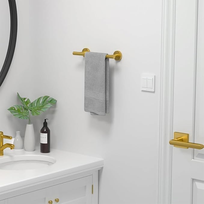 USHOWER Brass Gold Hand Towel Bar, 9-Inch Towel Racks for Bathroom | Thicken SUS304 Stainless Steel Towel Rod, Towel Holder Wall-Mounted, Modern Home Decor (Total Length 11-Inch)