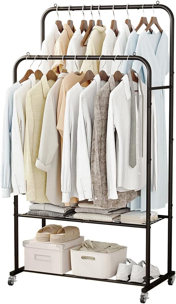 SUOERNUO Clothes Rack with Lockable Wheels Double Rods Metal Garment Racks | Portable Heavy-Duty Clothing Rack, Rolling Clothes Shelves for Bedroom Laundry Living Room, Black