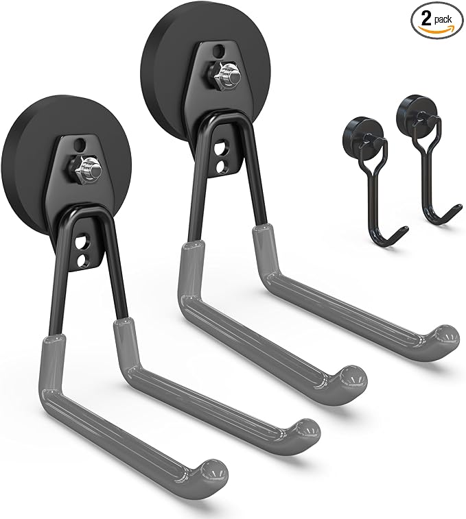 3-H Heavy Duty Magnetic Hooks, Large Magnet Hooks,2 Pack Gray | No-Drill Tool Holder for Garage,Power Drill,Garden Tools,Hose Storage