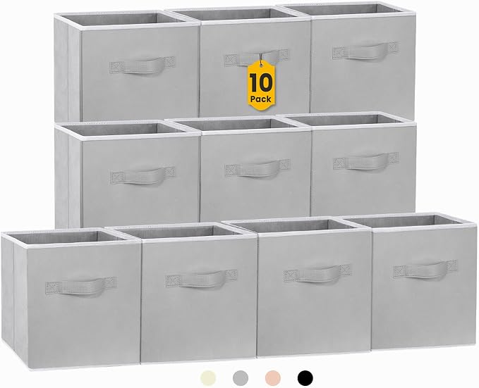 Criusia Storage Cubes, 11 Inch Cube Storage Bins for Shelves (10 Pack), Fabric Collapsible Storage Bins with Dual Handles, Foldable Cube Baskets for Magazines, Closet Organizers and Storage Box (Grey)