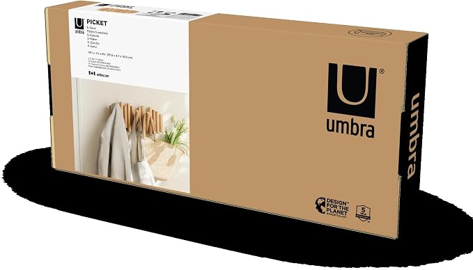 Umbra Picket Coat Rack, Wall Mount 5 Flip-Down Coat Hooks, Natural | Beveled pine wood dowels, supports up to 5 lbs, mounting hardware included, space saving