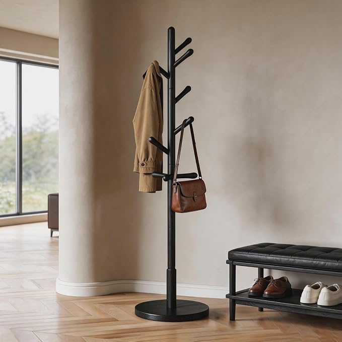 Solid Wood Coat Rack Freestanding with 9 Hooks - Wooden Coat Rack Stand for Entryway, Bedroom, Living Room, Hallway for Coats, Handbags, Hat(Black)
