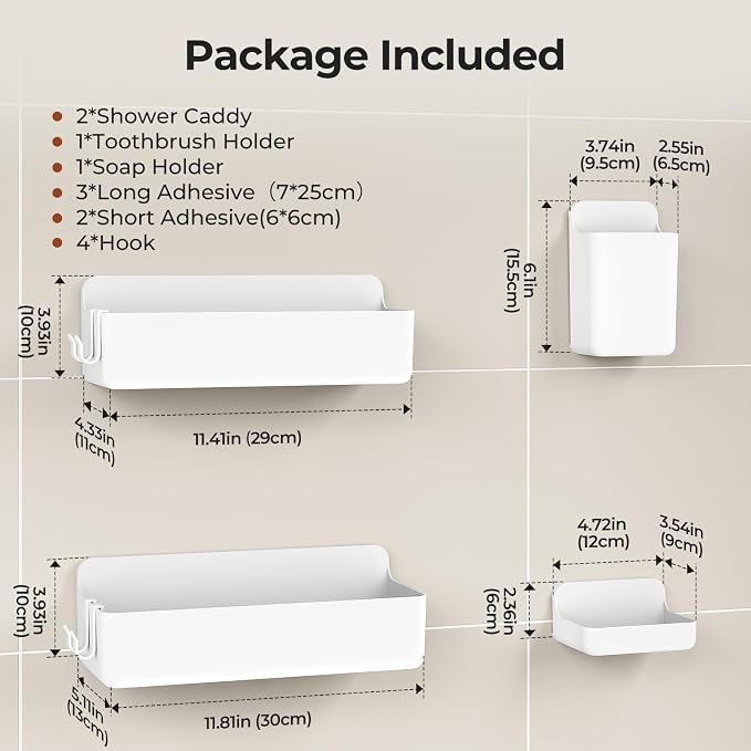 Orimade Shower Caddy 4-Pack, No-Drill Adhesive Shelves for Bathroom, Rustproof ABS Storage Organizer Set, White